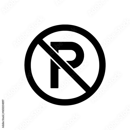 No parking sign. Vector illustration of a prohibited parking symbol with a diagonal slash through a P in a circle. Black and white graphic icon for traffic, road, and city signage.