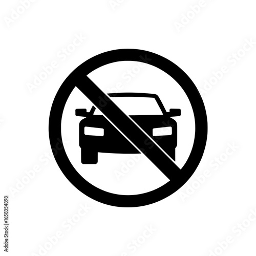 No cars allowed symbol. Black and white vector illustration of prohibited car sign, featuring a simple car icon inside a crossed circle. Monochrome graphic for traffic, parking restrictions. Design el
