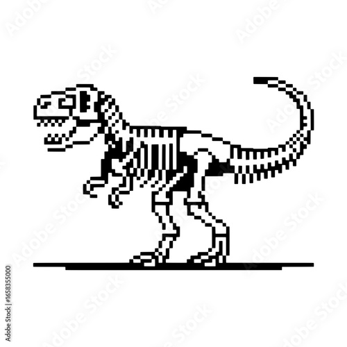 Pixel art T-Rex dinosaur skeleton illustration. Monochrome vector graphic of prehistoric fossil, bones, skull. 8-bit retro game sprite, black and white, simple design element. Paleontology, archeology