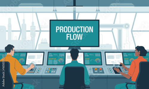 People monitor production flow in industrial control room with display screens and machinery visible through windows, ensuring efficient operations