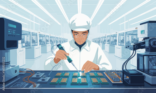 Technician carefully soldering microchips in a cleanroom factory setting with precision equipment and controlled environment for electronic manufacturing