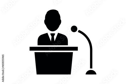 Vector icon man giving a presentation at the podium isolated on white background
