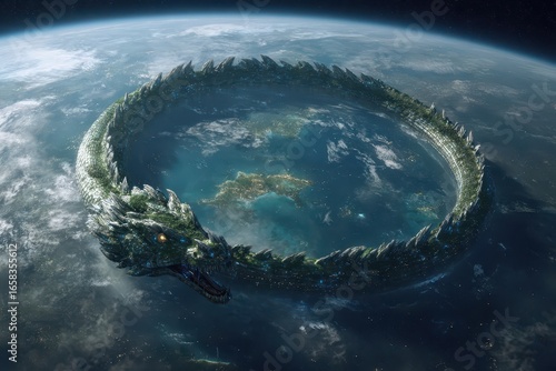 Ouroboros Dragon Encircling Earth, Fantasy Art, Cosmic Serpent, World Eater