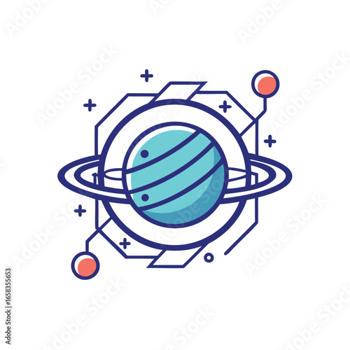 Stylized blue planet with rings and orbiting moons