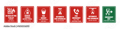 et of various type fire safety sing like emergency exit, fire bucket , automatic fire sprinkler , danger flammable , in case of fire not use elevator vector illustration 