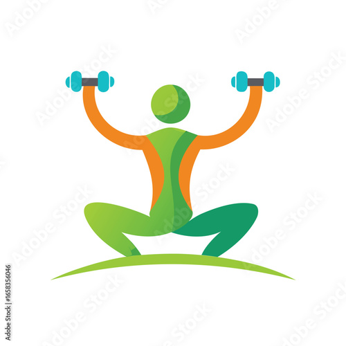 Stylized figure performing dumbbell squats with upraised arms