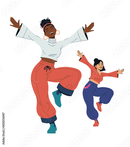 Woman dancing. Happy joyful female in festive pose, movement to music. Smiling young girl moving at disco party, cheerful excited emotion. Flat vector illustration isolated on white background