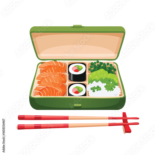 Open Sushi Lunch Box with Rolls, Rice and Greens - AI Generated