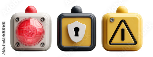Set of three isolated warning buttons on transparent background