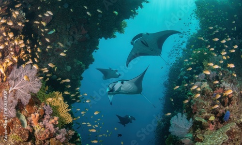 Wallpaper Mural Ocean's vibrant coral reef tunnel, manta rays & fish Torontodigital.ca