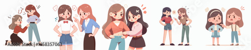 Cute Handdrawn Group of Arguing and Making Up Female Character Illustration