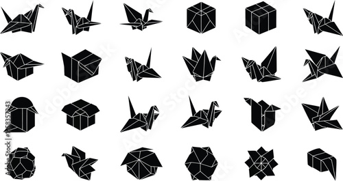 Origami paper birds and geometric shapes collection