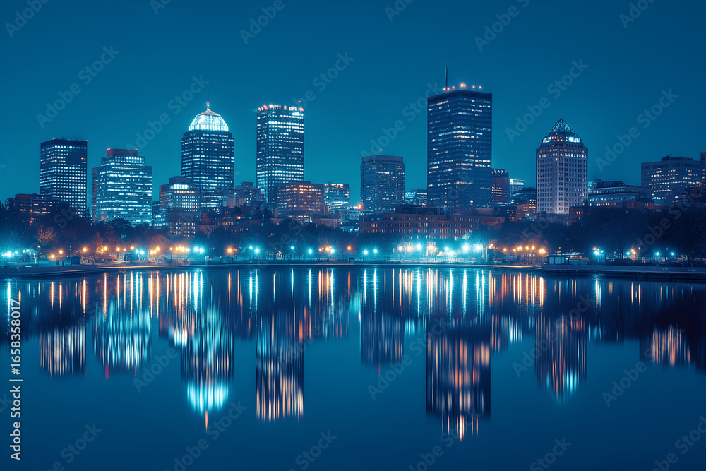 Fototapeta premium A panoramic view of a city skyline nearby the river at night