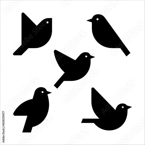 Black bird silhouettes on a white background. Suitable for naturethemed designs, logos, or presentations requiring a minimalist aesthetic.
