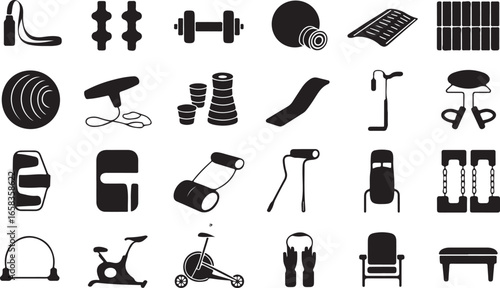 Physical Therapy Tools and Equipment Icons Set Black Silhouette Vector Illustration