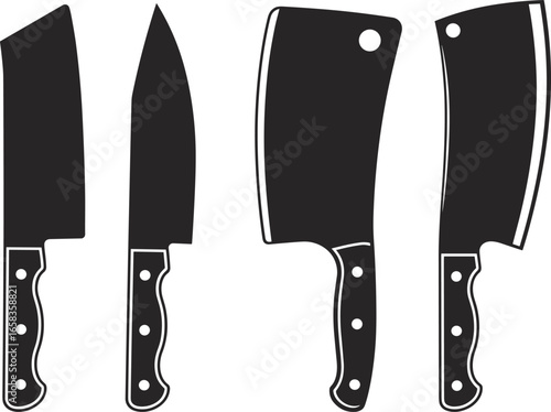 Black Silhouette Vector of Kitchen Knives Set – Chef, Cleaver, Butcher Blades with Handles for Cooking, Food Prep, and Culinary Design