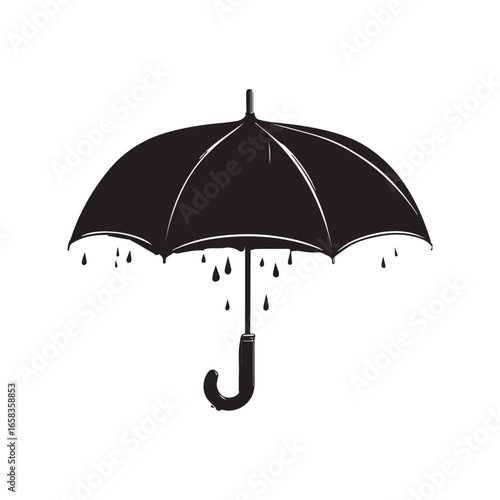 Vector art of an open umbrella with falling raindrops, symbolizing protection from the rain and bad weather, isolated on white background