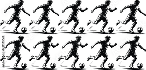 Dynamic sequence of ten silhouetted soccer players in motion, forming an artistic black and white illustrative pattern for sports design.