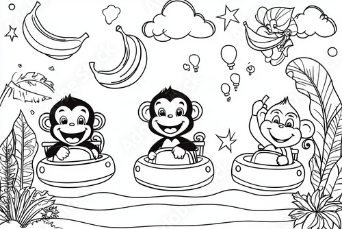 Funny monkey bumper cars coloring book page, featuring cheerful monkeys driving tiny bumper cars, crashing into each other while laughing, with bananas flying around, thick black outlines, 