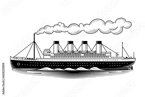 Vintage Line Art Illustration of a Classic Ocean Liner Steamship