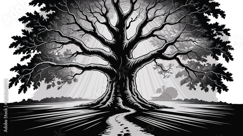 A black and white woodcut-style illustration of a majestic oak tree with spreading branches and radiant light.