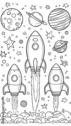 Funny space race coloring book page, featuring different cartoon-style rocket ships competing in a cosmic race, with stars and planets in the background, bold outlines, 