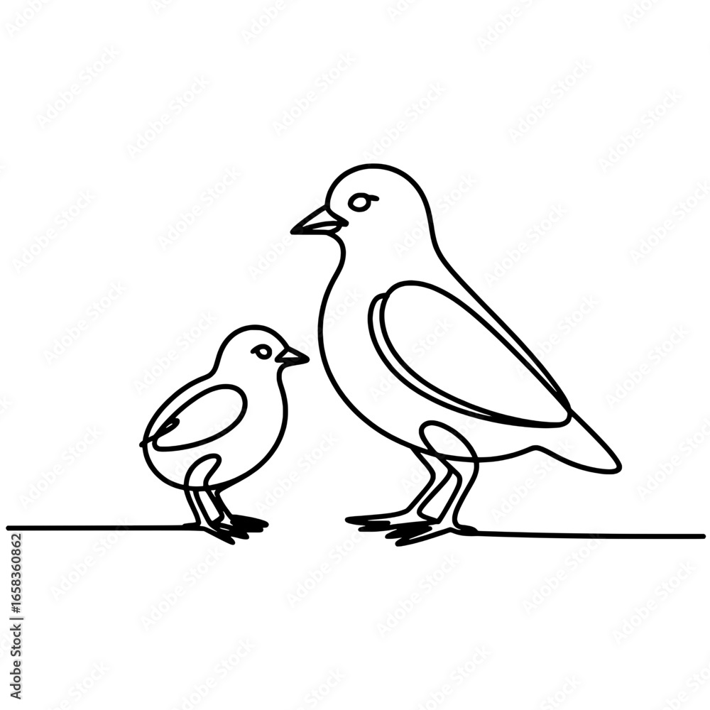 Fototapeta premium Two Birds: Single-Line Drawing of Adult Bird and Chick