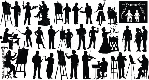 A comprehensive vector collection of artist silhouettes, showcasing painters, musicians, sculptors, and performers in various creative and artistic activities.