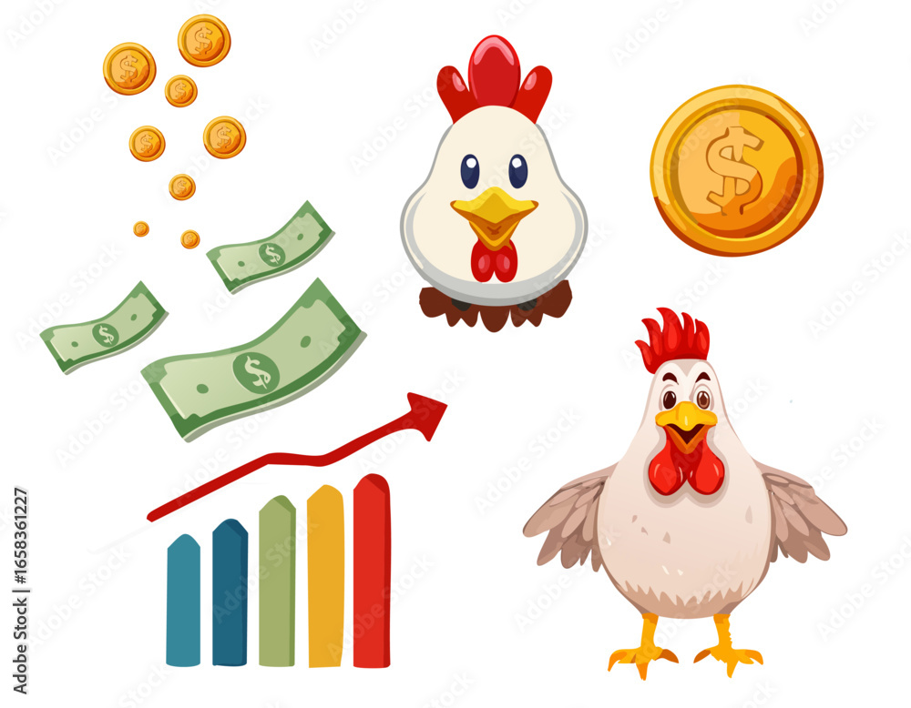 Obraz premium Cartoon chickens with money, coins, and a rising graph, representing financial growth.