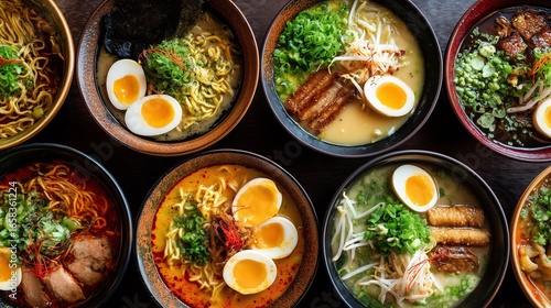 Delicious assortment of Asian food served in bowls on a wooden table, featuring ramen with eggs, rich broth and toppings, alongside other traditional dishes. 