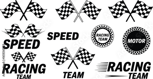 A collection of black and white racing-themed graphic elements in a collage style, featuring checkered flags, speed symbols, and motor team emblems.