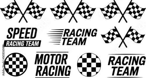 Dynamic collection of black and white motor racing graphic elements. Vector set of checkered flags, speed icons, and motorsport team logos.