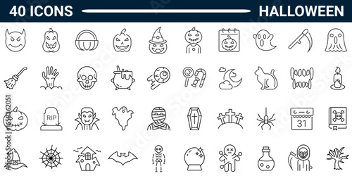 Set of Forty outline icons related to Halloween. Linear icon collection. Editable stroke. Vector illustration. Icons for mobile app and website.