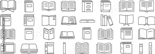 Set of black and white line art book icons and open book illustrations for digital projects, education, libraries, reading apps, and graphic design use.