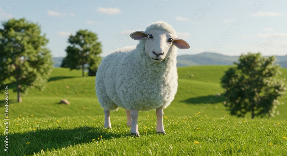 Obraz premium A fluffy white sheep stands in a vibrant green pasture, gazing directly at the viewer. Rolling hills and a few trees form a picturesque backdrop under a sunny sky