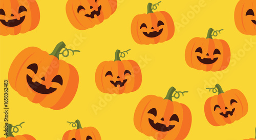 A vibrant, repeating pattern of smiling jack-o'-lanterns on a yellow background, perfect for Halloween.