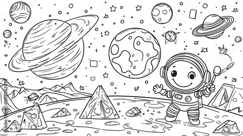 Happy asteroid belt adventure coloring book page, featuring a group of space explorers hopping between asteroids, collecting space gems, and avoiding a black hole, simple and bold, 