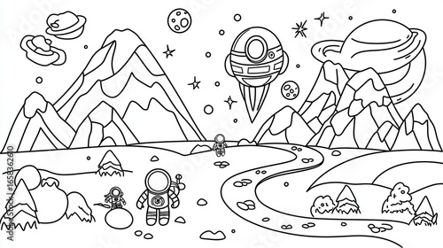 Happy asteroid belt adventure coloring book page, featuring a group of space explorers hopping between asteroids, collecting space gems, and avoiding a black hole, simple and bold, 