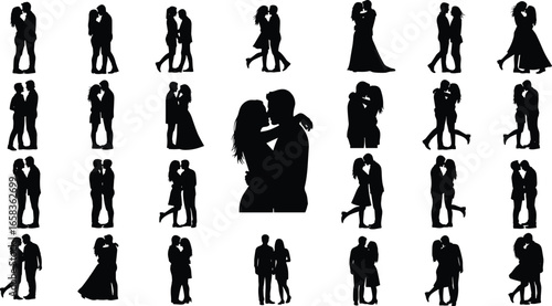 A romantic vector illustration set of kissing couple silhouettes, showcasing diverse intimate moments of love, passion, and affection between men and women.