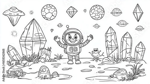 Happy astronaut exploring an alien planet coloring book page, featuring a smiling astronaut waving at friendly aliens, surrounded by glowing crystals and floating rocks, thick black outlines, 