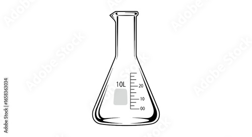 Illustration of a ten liter erlenmeyer flask with volume markings on a white background used in chemistry on transparent background