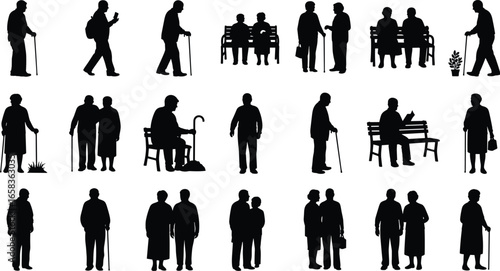A vector collection of black silhouettes featuring elderly people, senior couples, and individuals in various daily life poses and activities.