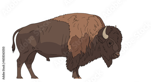 Illustration of a large brown bison with shaggy fur standing on a white background in a side view on transparent background