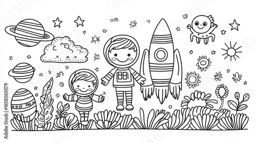 Happy astronaut kids coloring book page, featuring smiling children in space suits floating near a rocket ship, surrounded by planets, stars, and a friendly alien waving, thick black outlines, 