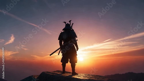 サムライ・昇る朝日と甲冑を身に纏った侍