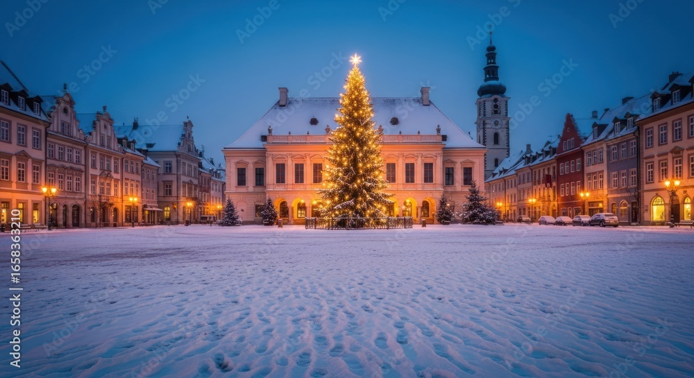 Naklejka premium Snowy Christmas market square at twilight. A festive Christmas tree stands in the center of a snow-covered European town square, lit by warm light. Historic buildings flank the square,
