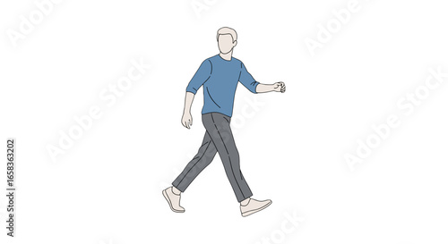 Illustration of a man with blond hair wearing a blue shirt and gray pants walking on a white background on transparent background