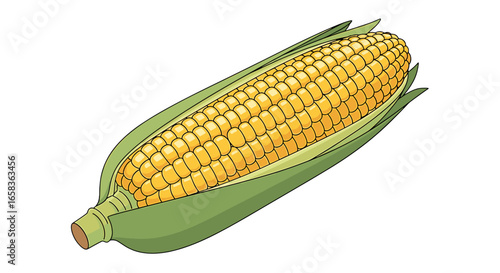 Illustration of a ripe ear of corn with yellow kernels and green husk on a plain white background view on transparent background