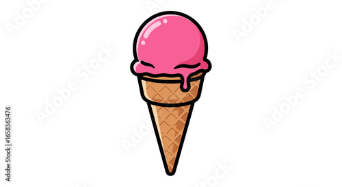 Illustration of a single scoop of pink ice cream in a waffle cone with a black outline on a white background on transparent background