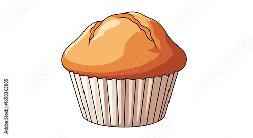 Illustration of a single muffin with a golden brown top and a white paper liner on a white background on transparent background